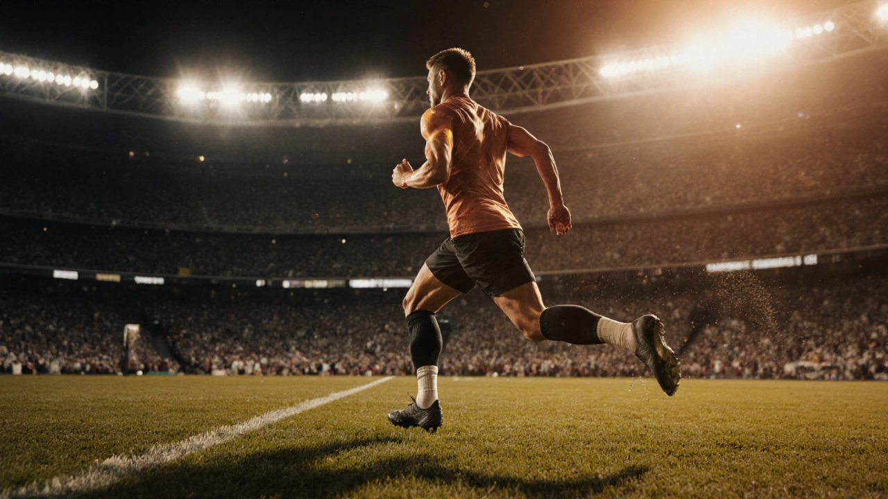 Atleta corriendo en estadio después de recibir masaje, mostrando rendimiento.