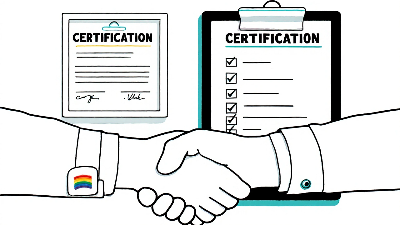 Certificado y lista de verificación con apretón de manos profesional.