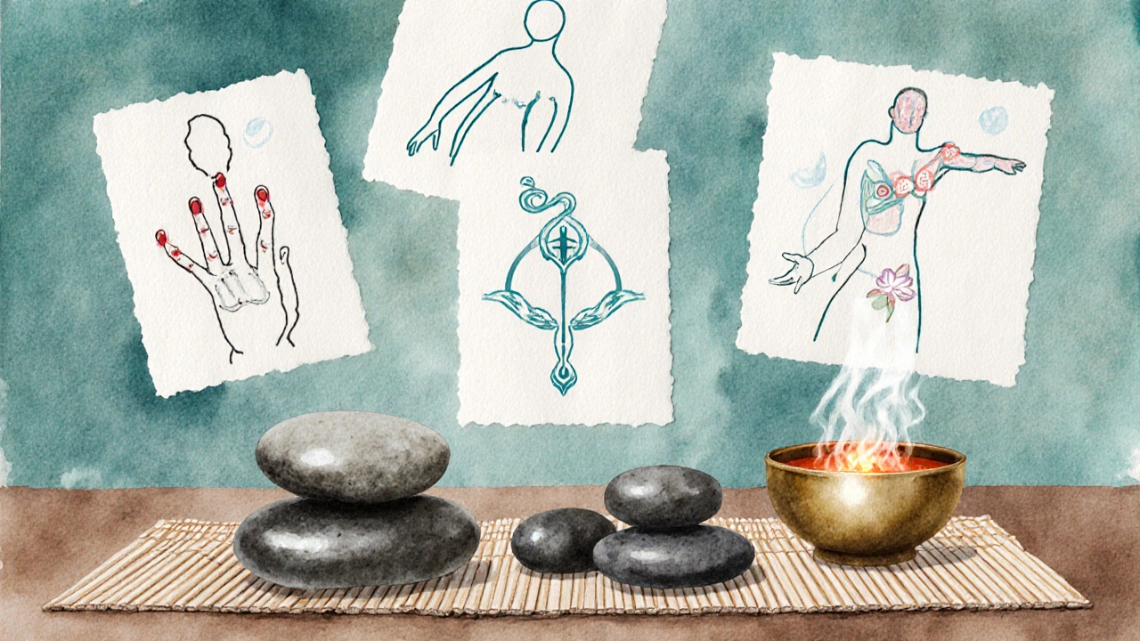 Collage artístico con piedras, aceites y símbolos de técnicas de masaje asiático.