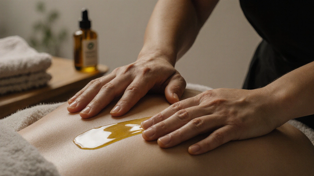 Detalle de brazos y antebrazos deslizándose suavemente sobre la piel de la espalda, con aceite brillante y luz suave.