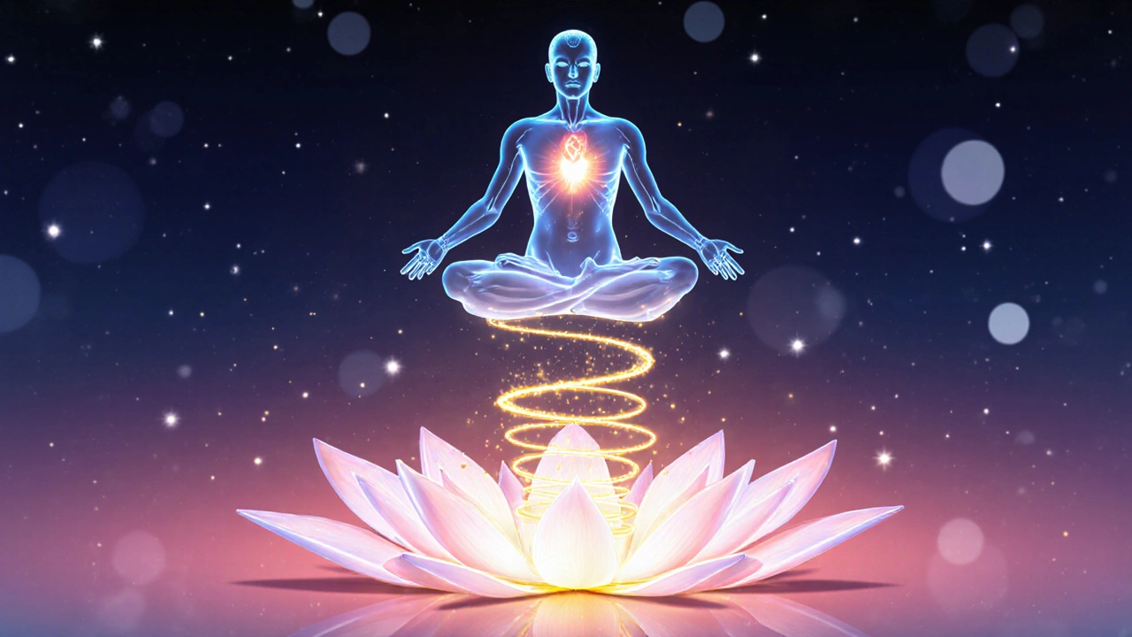 Ilustración conceptual de energía y beneficios del masaje, con aura dorada y mandala.