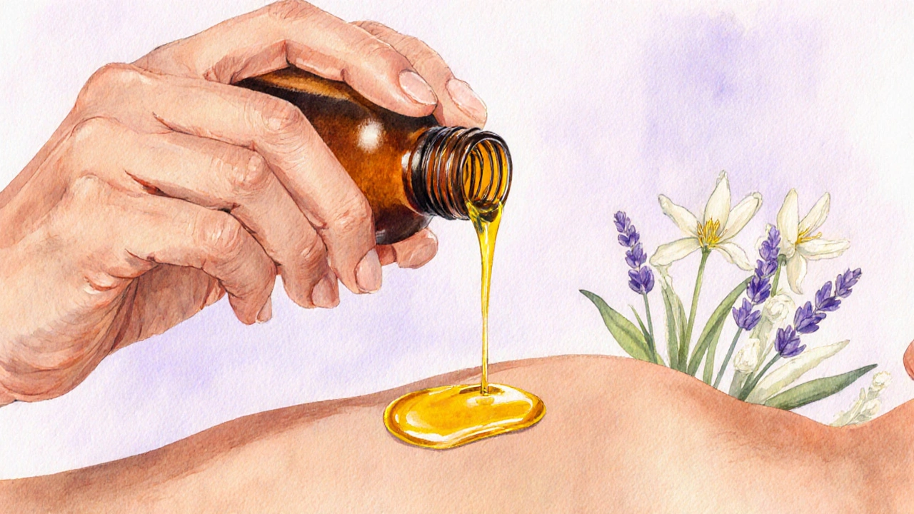 Manos aplicando aceite de jojoba sobre el antebrazo, estilo acuarela.