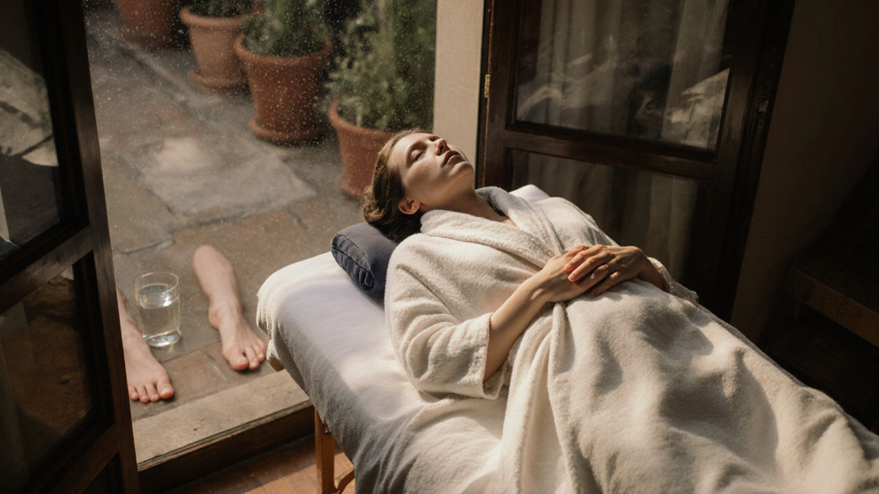 Persona tras una sesión de masaje, envuelta en una bata, con lágrimas en las mejillas y luz natural entrando por la ventana.