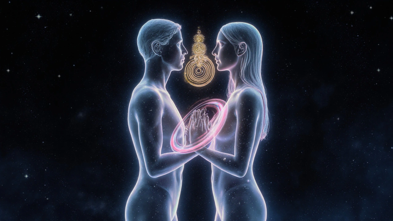 Silhuetas respirando sincronizadas con aura de chakras alrededor.