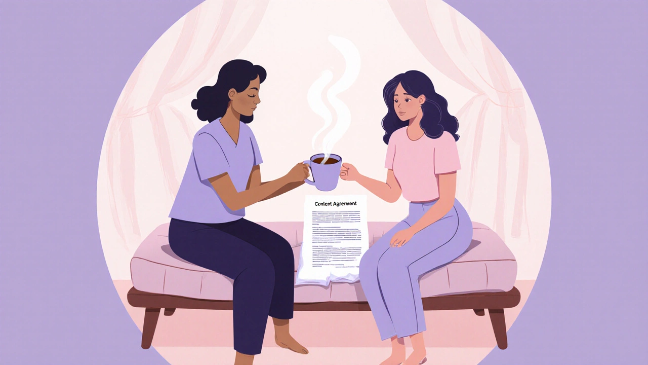 Terapeuta y cliente comparten té después del masaje, mostrando confianza.