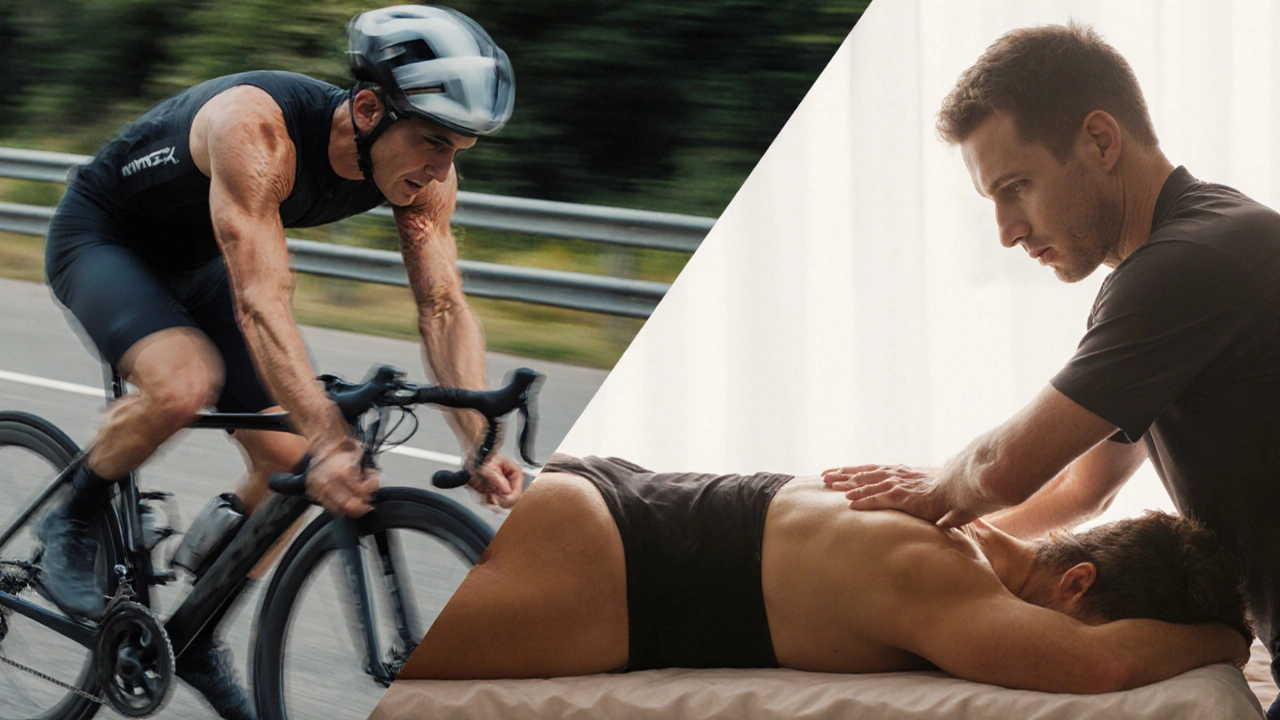 Atleta ciclista en transición del esfuerzo intenso a la recuperación tras un masaje.