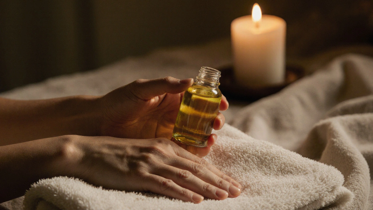 Detalle de manos con aceite y una toalla cálida, en un ambiente íntimo y tranquilo.
