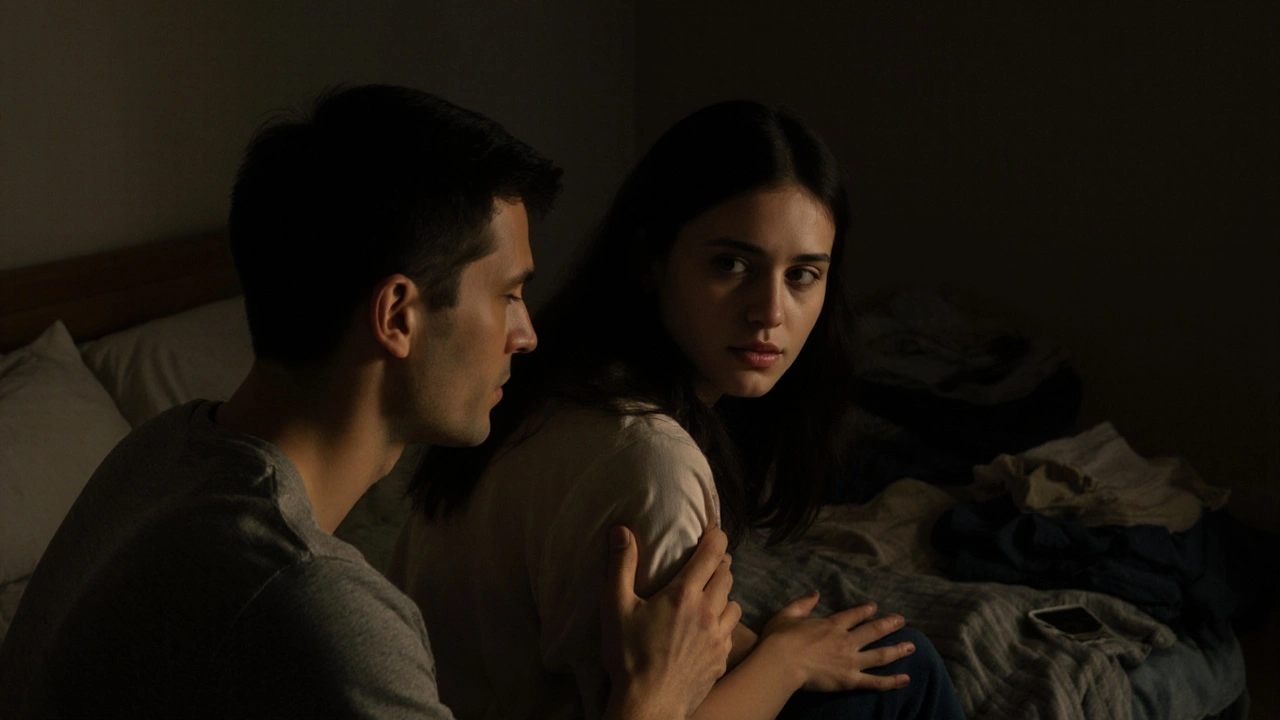 Dos miradas se encuentran en silencio, lágrimas en los ojos, mientras las manos aún se tocan.