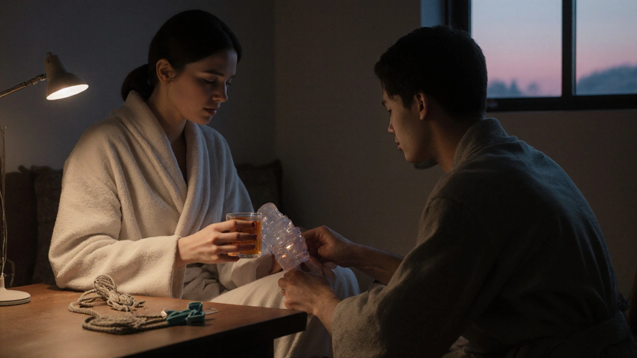 Dos personas en silencio tras un masaje, una sostiene una taza de té mientras la otra aplica hielo en la muñeca.