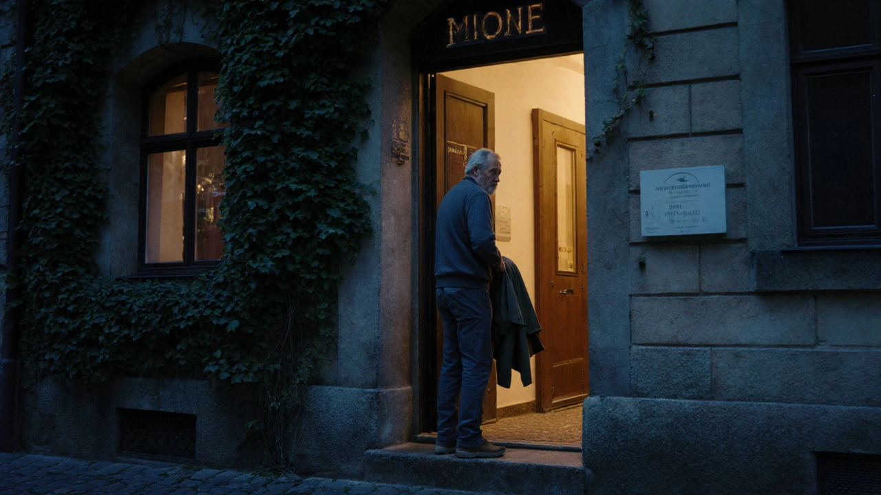 Entrada discreta de un centro de masajes en Praga al atardecer, con luz cálida filtrándose desde adentro.