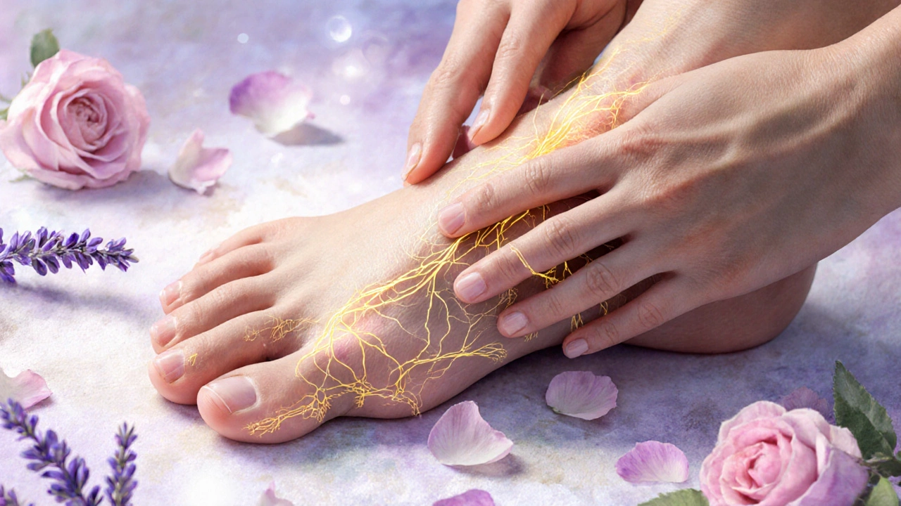 Ilustración artística de un pie con vías nerviosas brillantes que conectan la planta con el cerebro, rodeado de pétalos suaves.