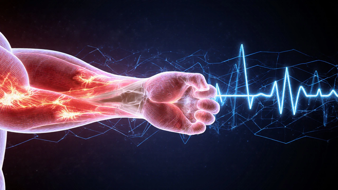 Ilustración científica de fibras musculares con flujo sanguíneo y mitocondrias activas.