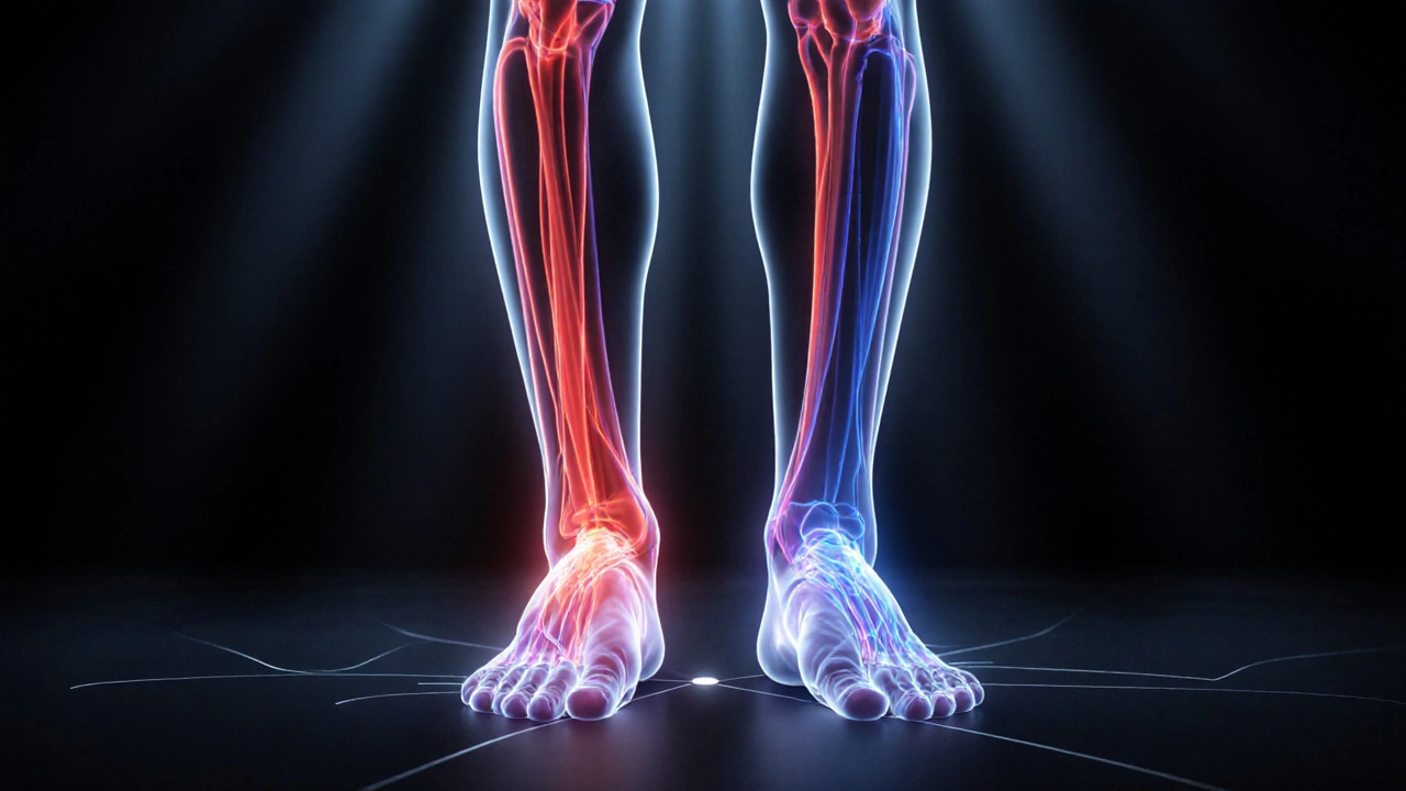 Ilustración conceptual de flujo de líquidos en las piernas impulsado por compresión neumática, con líneas luminosas ascendentes.