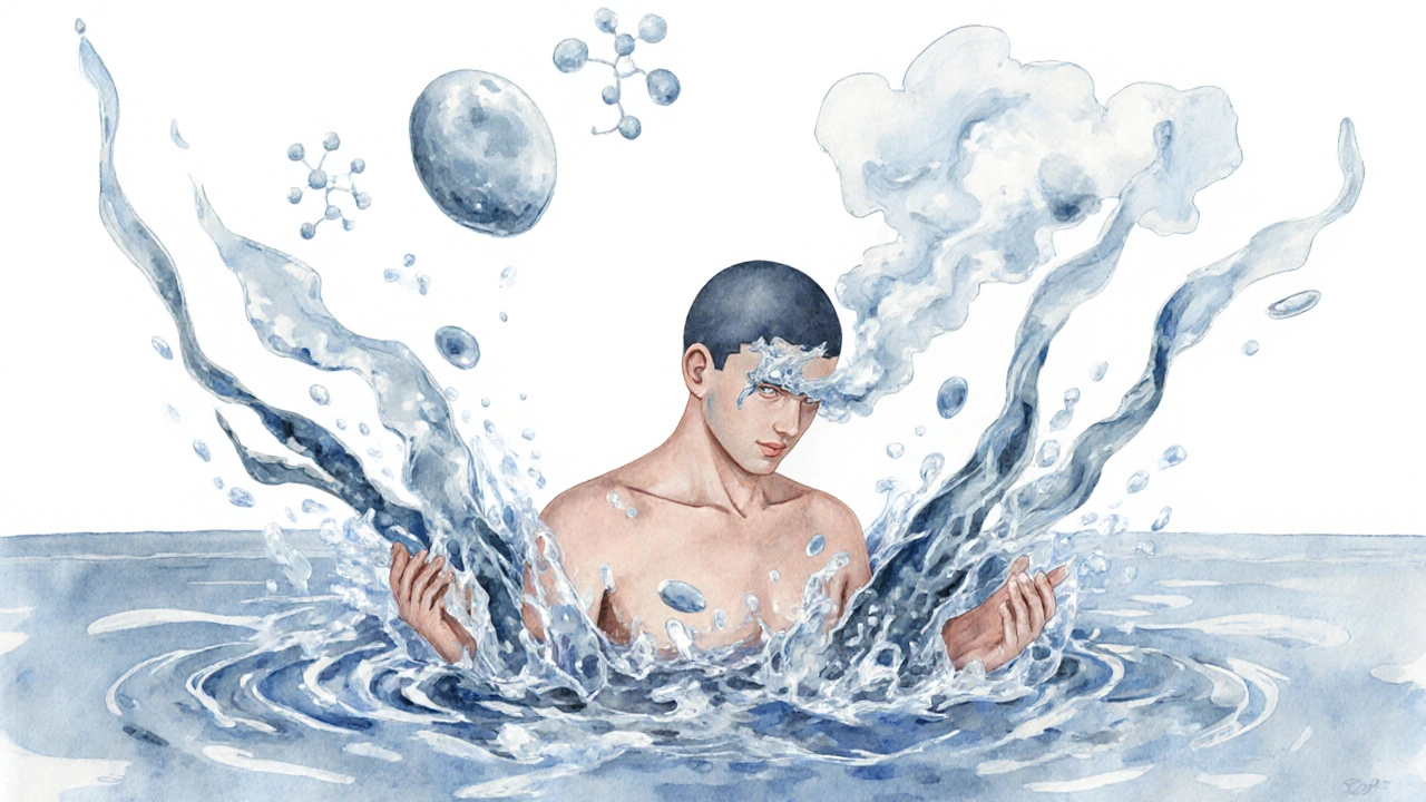 Ilustración surrealista de un cuerpo融解 en algas y agua, simbolizando la liberación del estrés y la conexión corporal.