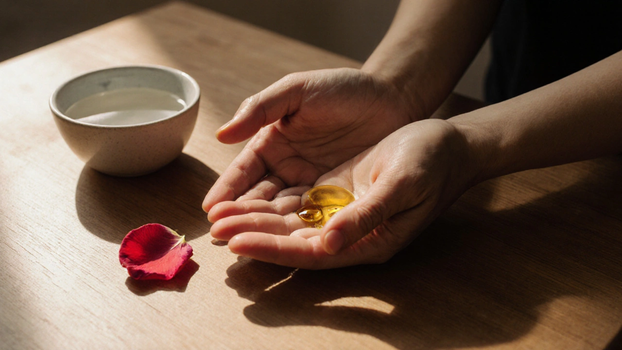 Manos en una mesa con aceite y pétalo de rosa, símbolo de contacto humano consciente y sin intención sexual.
