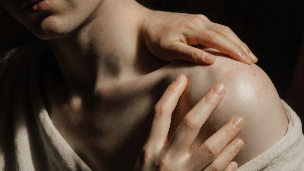 Manos se tocan suavemente en el hombro y la nuca, en un entorno íntimo y sin distracciones.