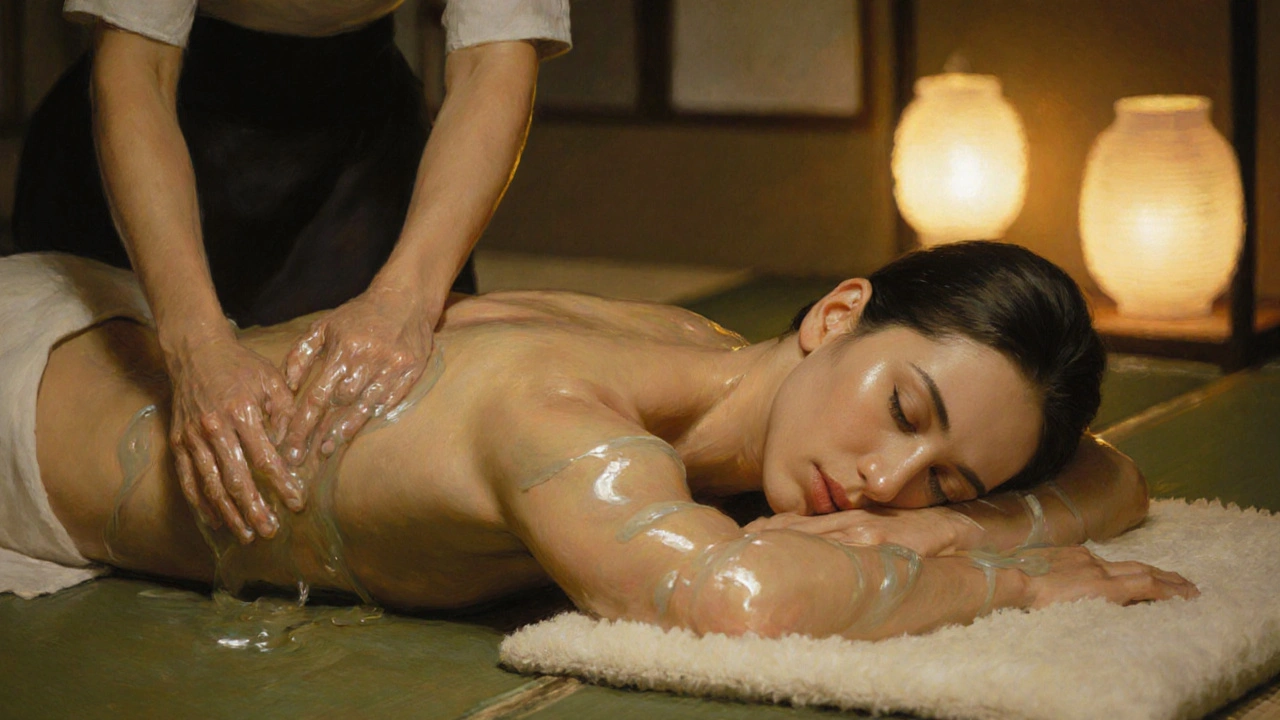 Masajista deslizándose sobre el cuerpo del cliente con movimientos ondulantes, en un ambiente japonés sereno y minimalista.