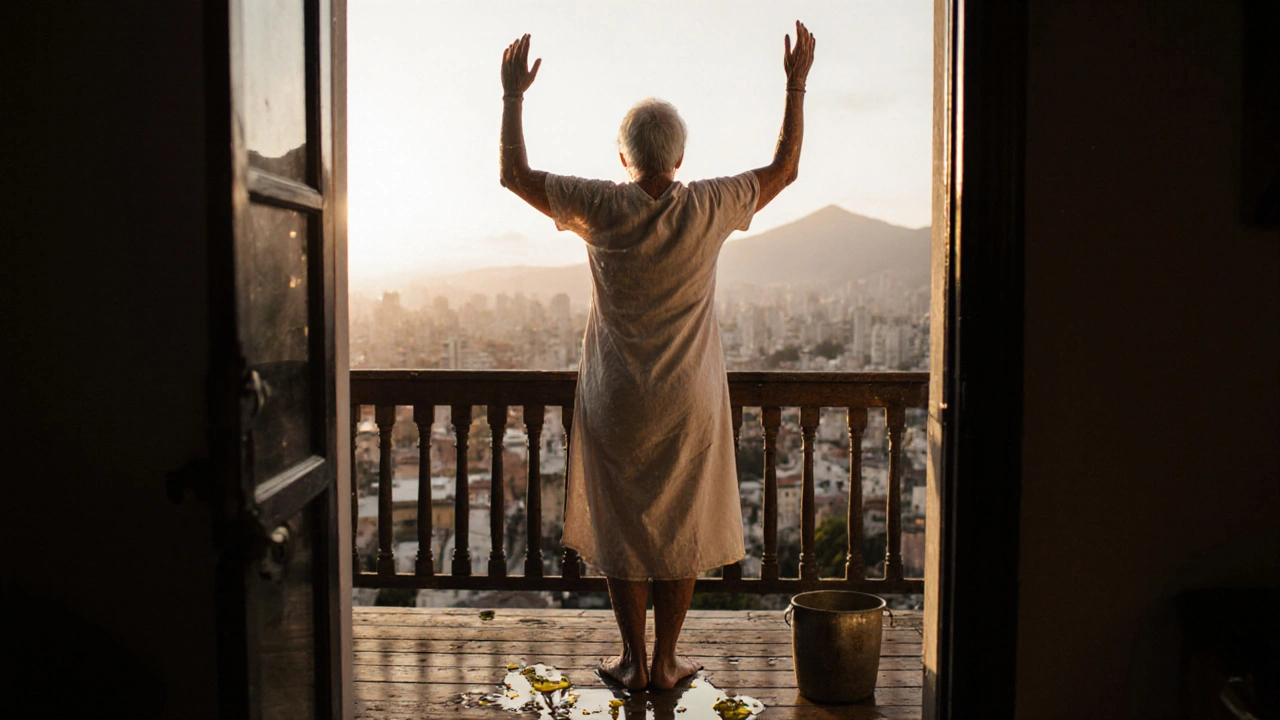 Mujer mayor con piel brillante en un balcón al amanecer, tras practicar abhyanga con calma y presencia.