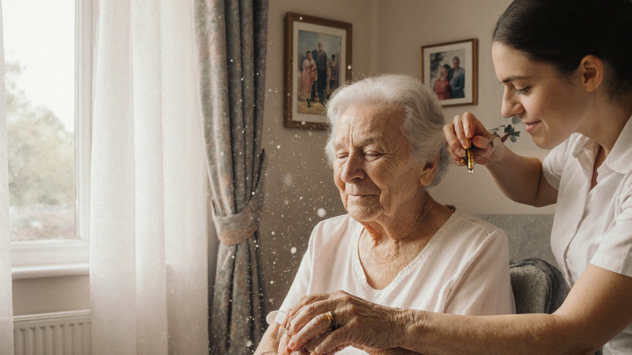Mujer mayor siendo masajeada en las manos y el cuero cabelludo por un terapeuta, con luz suave y calma en una residencia.