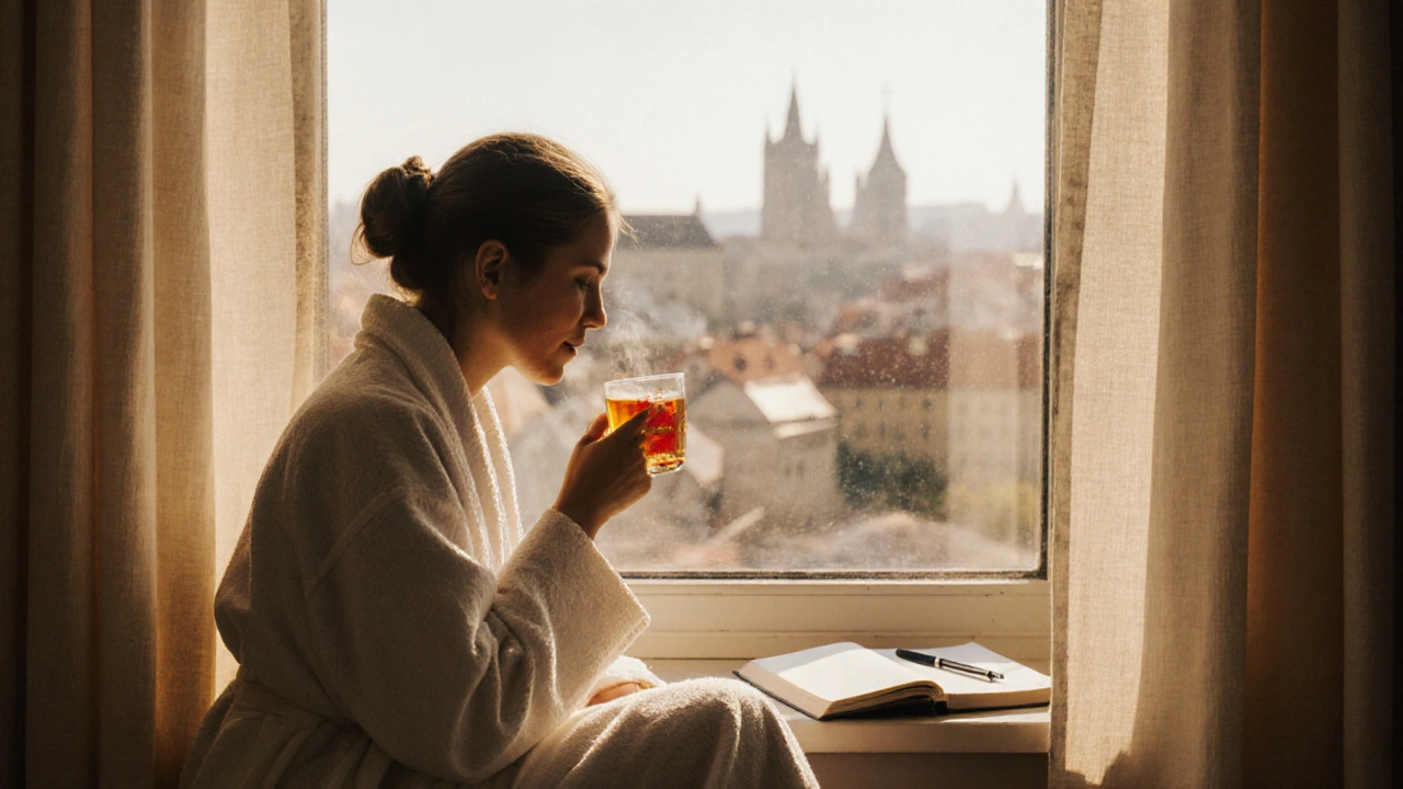 Persona tras un masaje, sentada junto a una ventana con té y un diario, en un momento de silencio y reflexión.