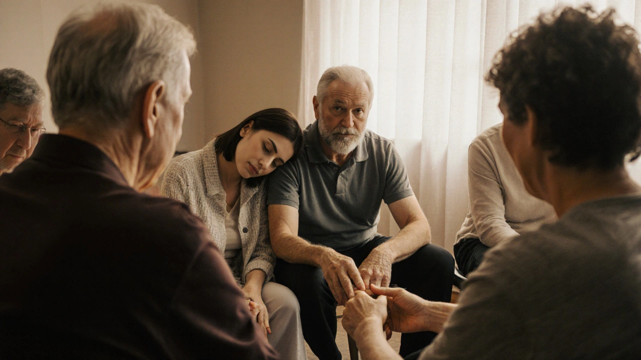 Personas de distintas edades experimentan contacto humano respetuoso en un centro de bienestar, sin erotismo, solo conexión.