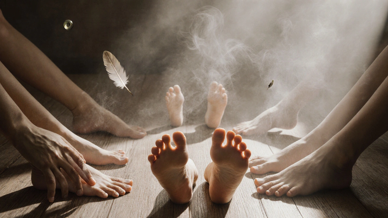 Pies y manos conectados en un círculo silencioso, simbolizando intimidad sin palabras.