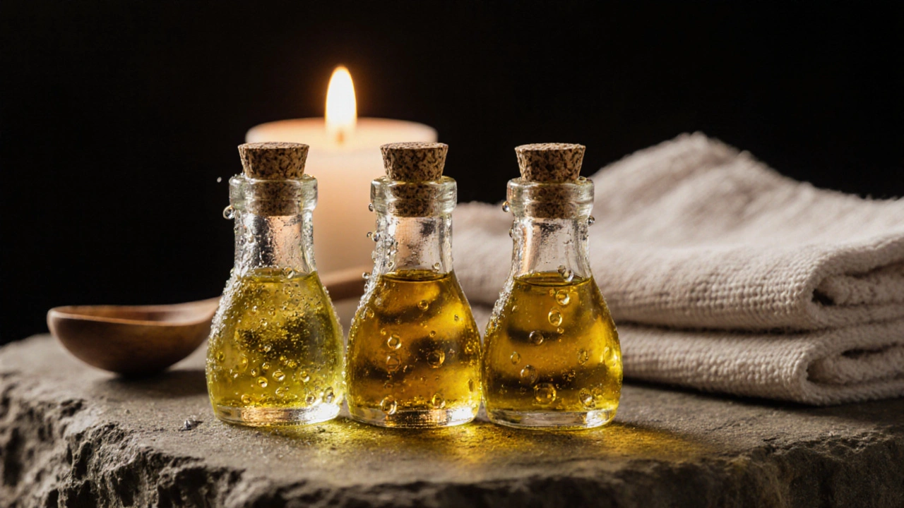 Tres botellas de aceites ayurvédicos (sésamo, coco y mostaza) sobre una superficie de piedra natural.