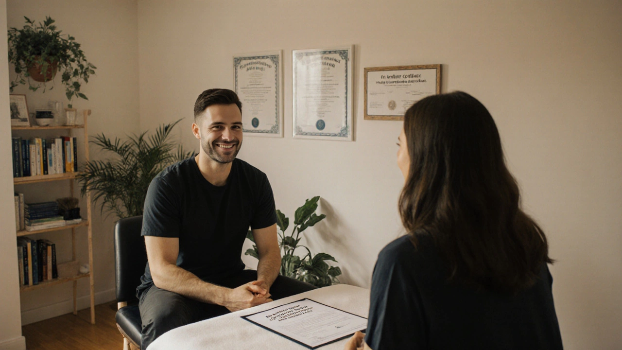 Un terapeuta y su cliente conversan antes de una sesión, con un contrato visible que establece límites éticos de cuidado.