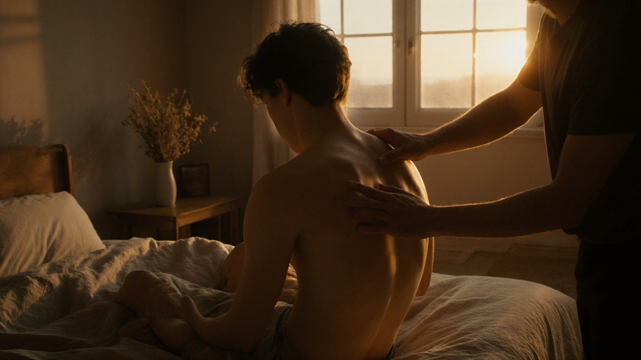 Una mano desliza lentamente por la espalda de su pareja en una cama con sábanas de lino, bajo luz tenue.