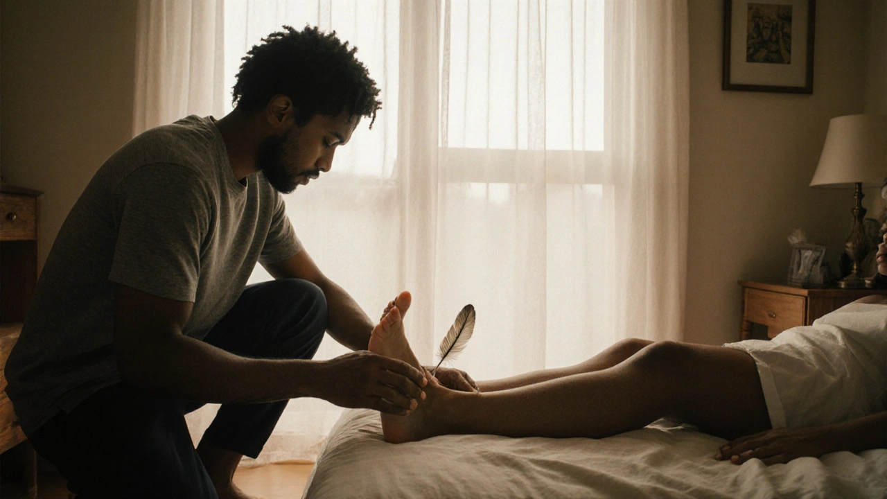 Una pareja diversa en un momento de calma, donde uno aplica un masaje suave en el pie del otro, con luz natural y presencia tranquila.