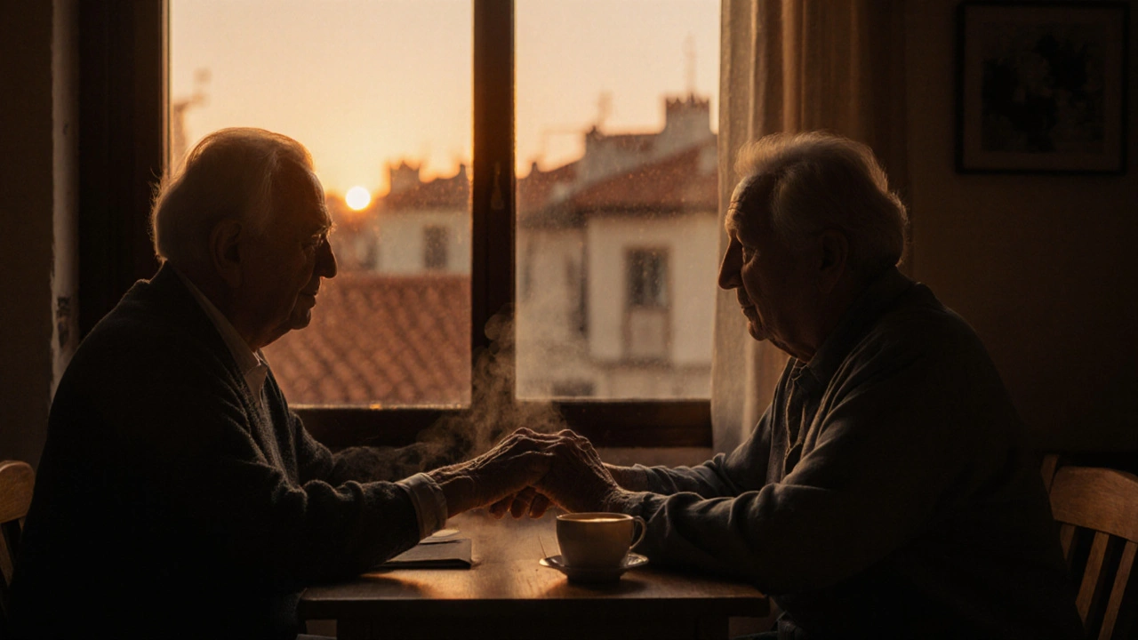 Una pareja mayor se toma de las manos tras la cena, en una habitación con luz de atardecer.