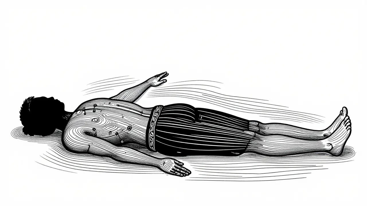 Dibujo esquemático de líneas de energía en el cuerpo con manos aplicando presión durante un masaje tailandés.