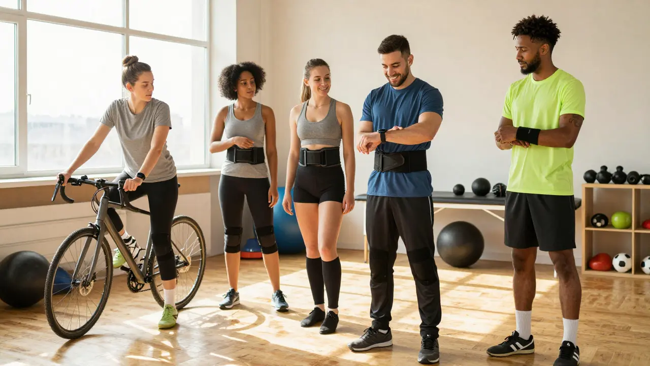 Grupo de atletas usando dispositivos de compresión en un espacio de recuperación compartido.