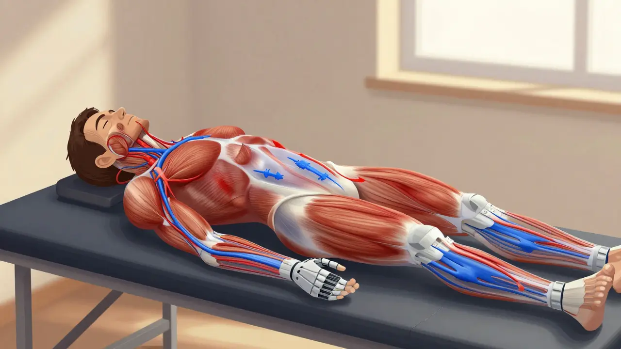 Ilustración anatómica de flujo sanguíneo y linfático impulsado por compresión neumática.