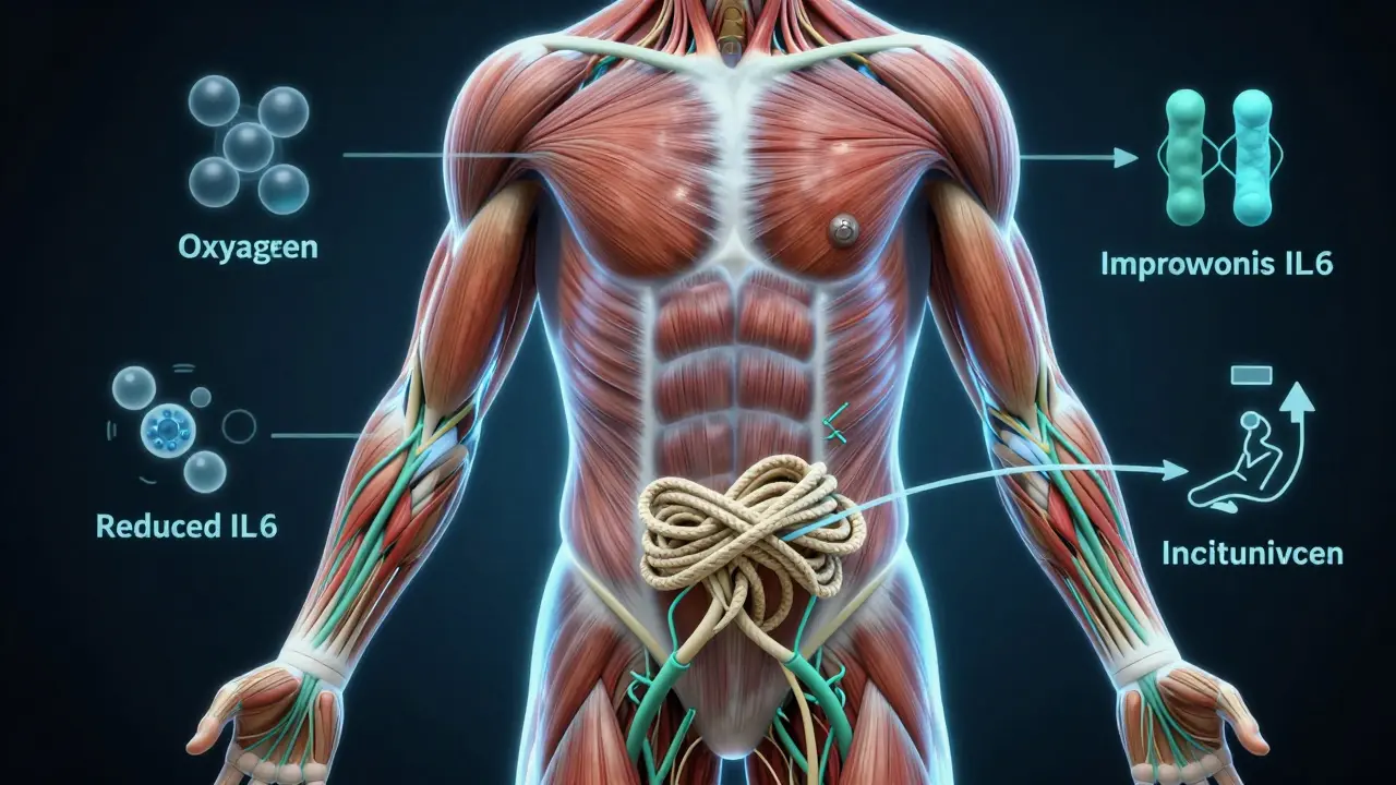 Ilustración conceptual del cuerpo atlético con flujo sanguíneo mejorado y liberación de fascia, símbolos de recuperación.