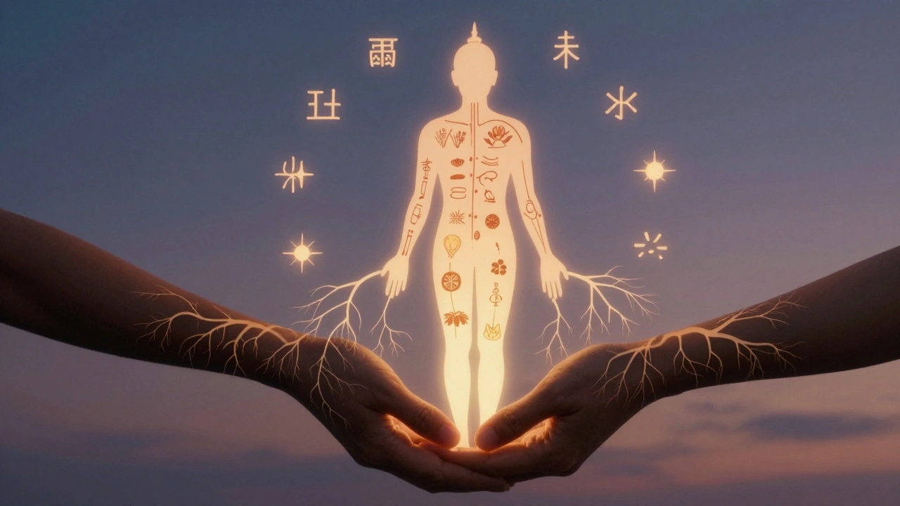 Manos crujen una silueta humana con raíces de tradiciones terapéuticas asiáticas.