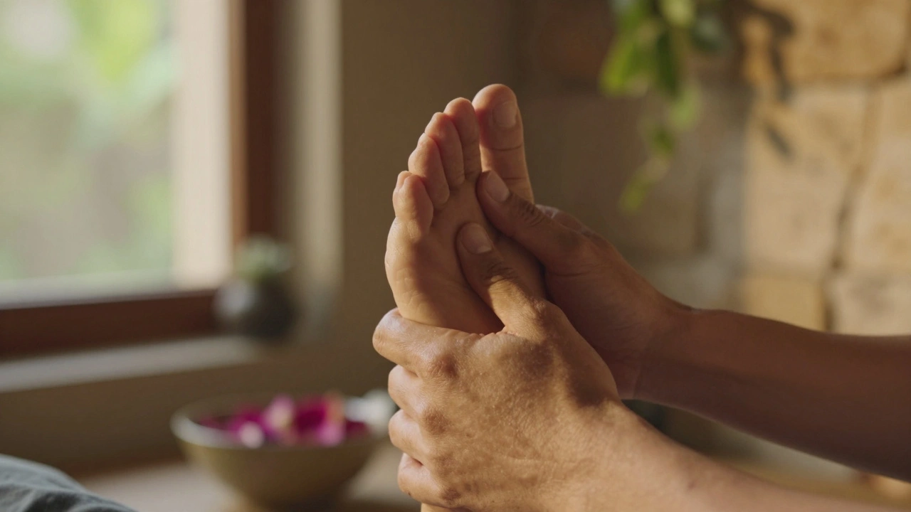 Manos realizando un toque suave y consciente en el pie de una persona durante un masaje tántrico.