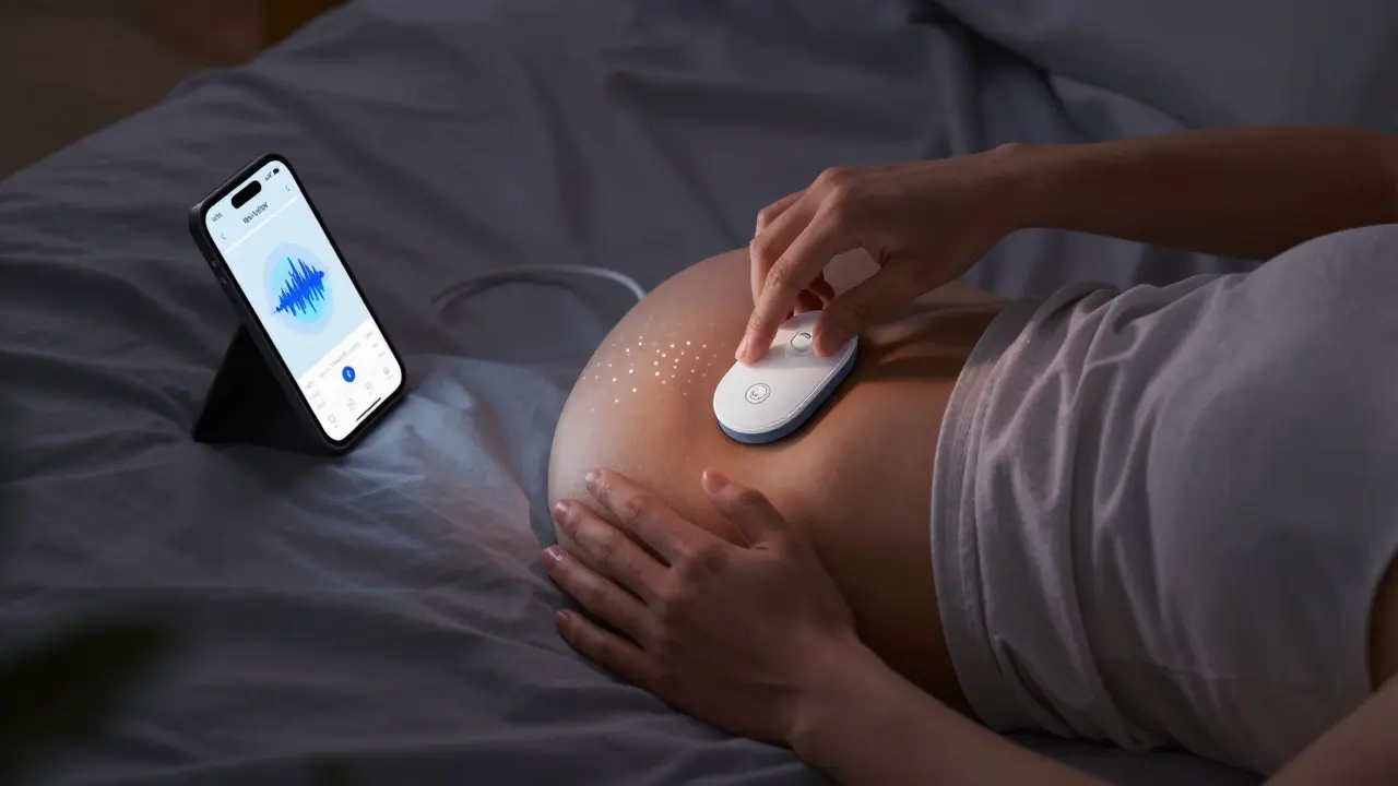 Pareja en la cama, uno activa un dispositivo inteligente con la app, manos conectadas, luz suave y ambiente tierno.