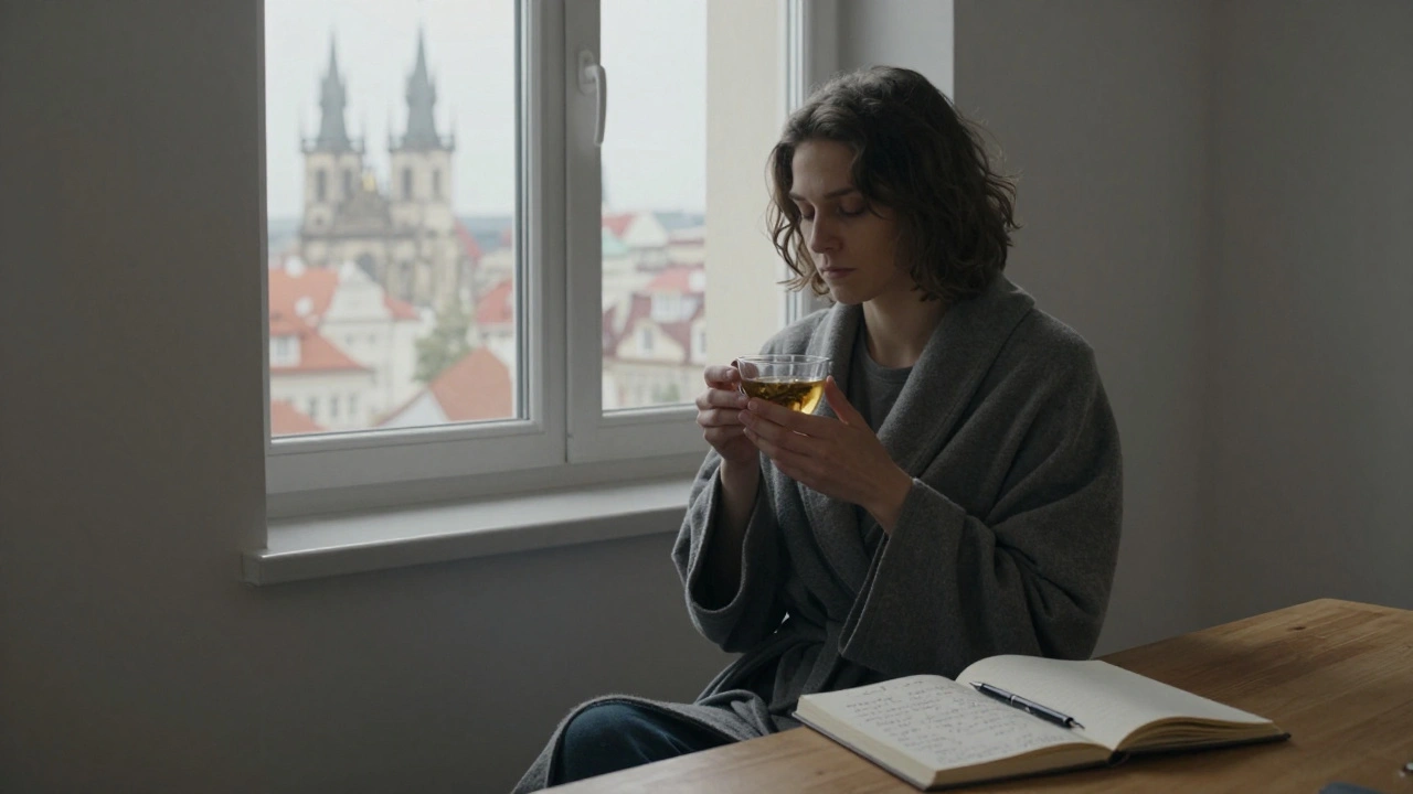 Persona sentada en silencio tras un masaje tántrico, mirando por la ventana hacia la ciudad de Praga.