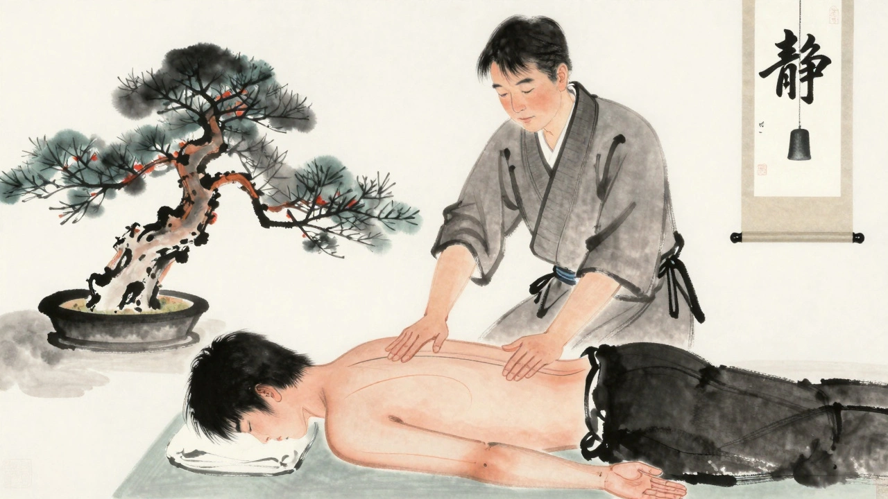 Pintura en tinta japonesa de un maestro aplicando Shiatsu con líneas de energía qi.