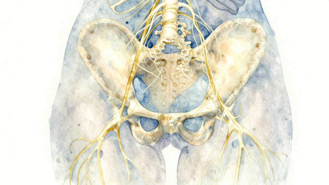 Representación artística de los nervios pélvicos activándose, con líneas de energía que conectan el pene con la espalda y los pies.