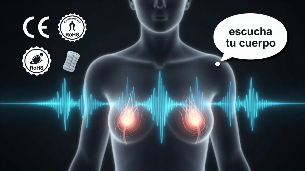 Silueta humana con ondas de presión de aire estimulando su zona íntima, símbolos de seguridad y frase 'escucha tu cuerpo'.