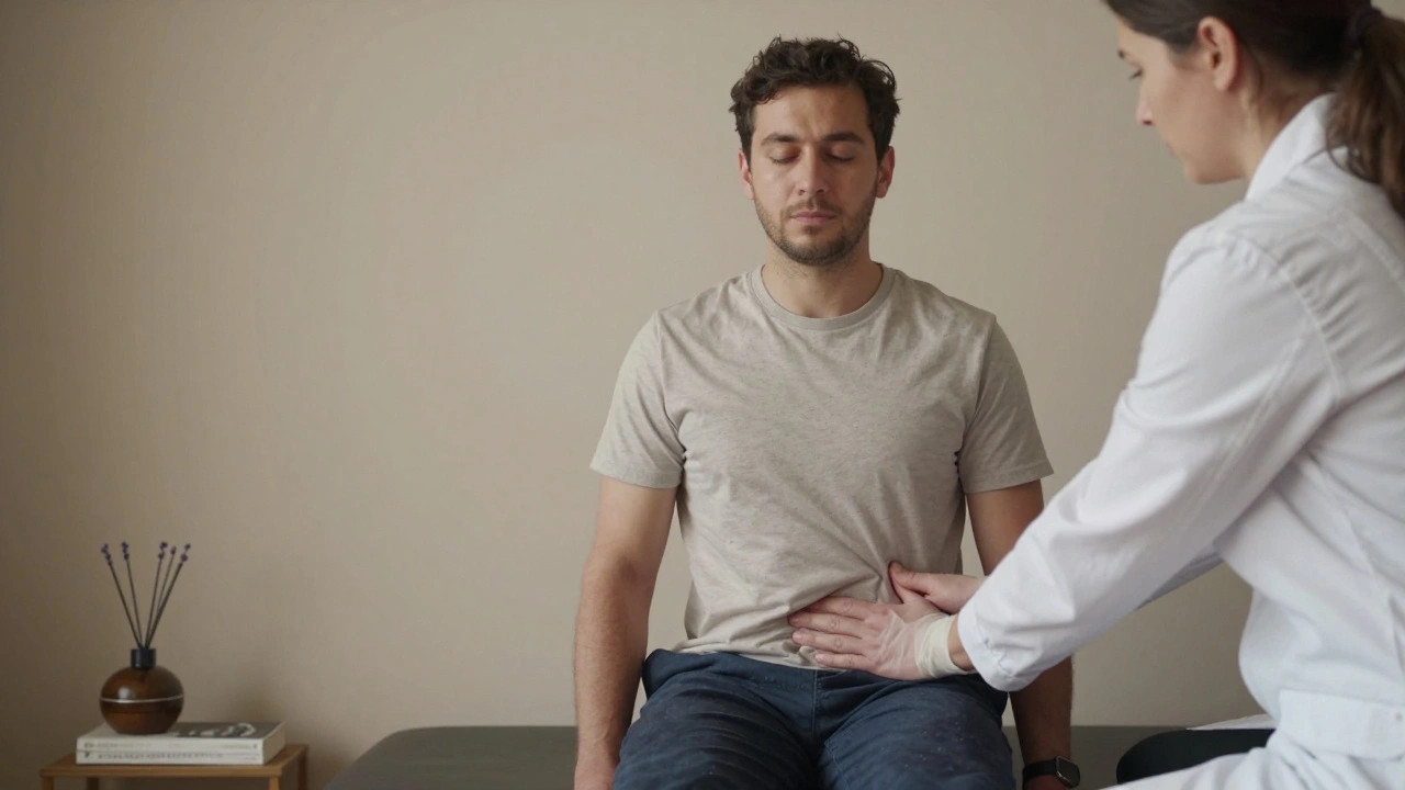 Terapeuta aplica presión suave en el perineo mientras el cliente respira profundamente, en un entorno minimalista y profesional.