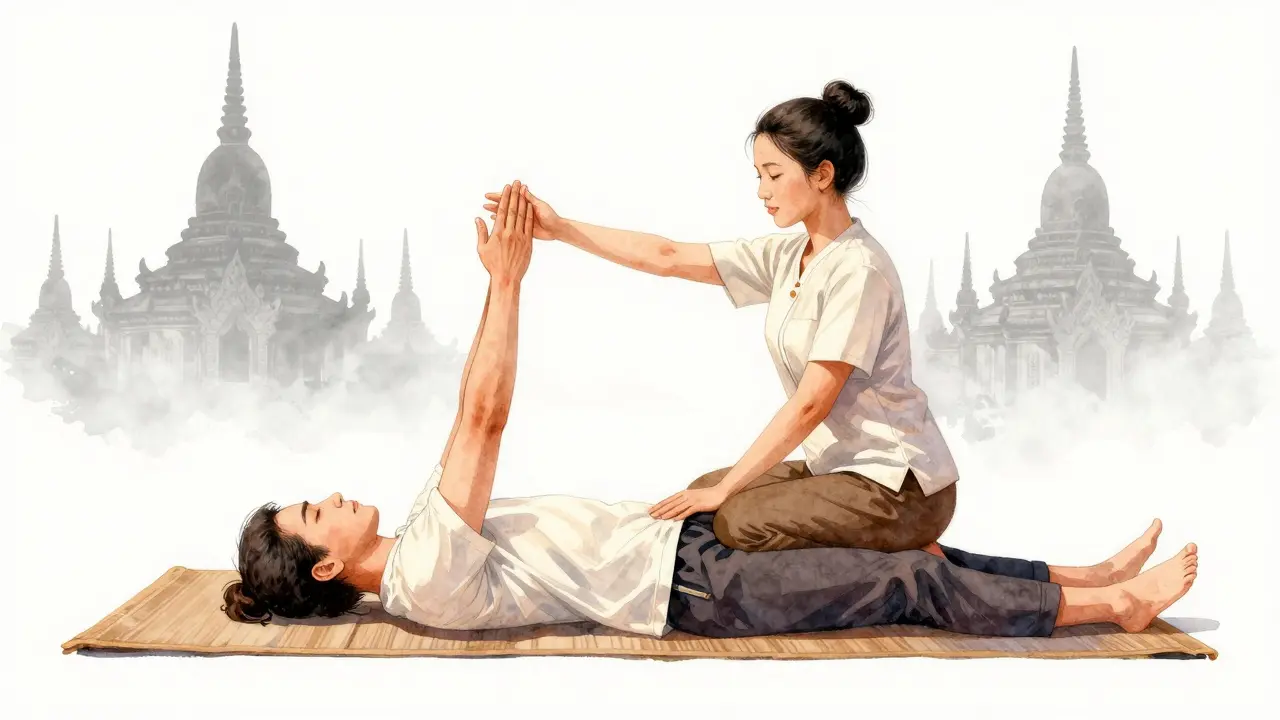 Terapeuta estira suavemente los brazos de un cliente en una sesión auténtica de masaje tailandés en el suelo.