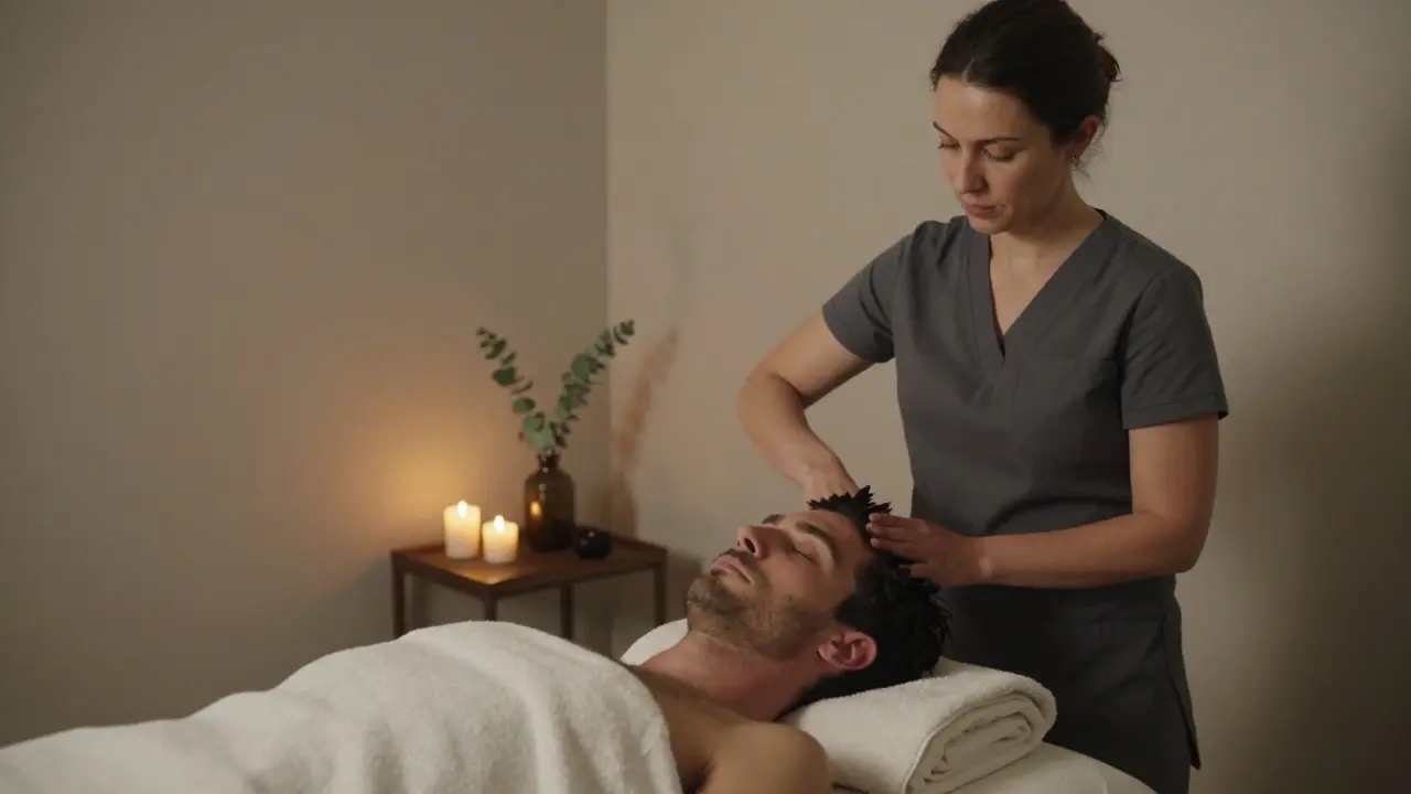 Una masajista acaricia suavemente el cabello de un cliente relajado en una mesa de masajes, en una habitación serena y bien iluminada.
