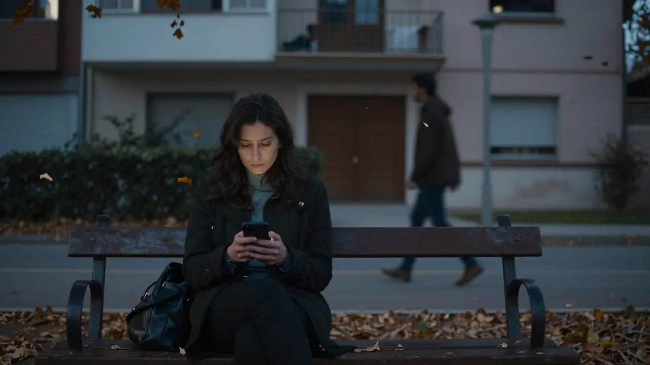 Una mujer sola en un banco de parque al atardecer, reflexionando tras una experiencia de compañía emocional.
