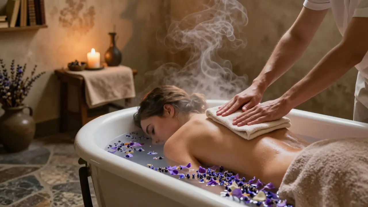 Dos manos pasan una tela caliente sobre una espalda en un baño de piedra con lavanda flotando en el agua, en un spa privado de Praga.