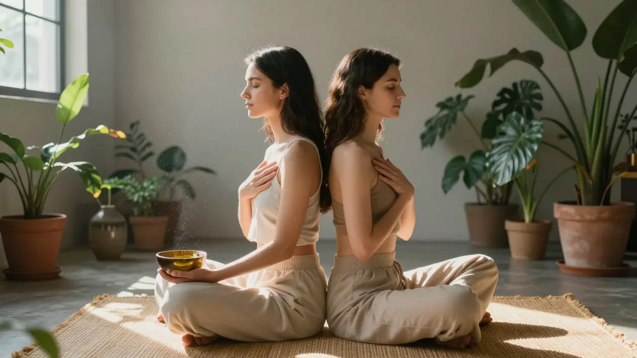 Dos mujeres sentadas espalda contra espalda, respirando juntas en un espacio iluminado por la luz natural, en un momento de conexión silenciosa.