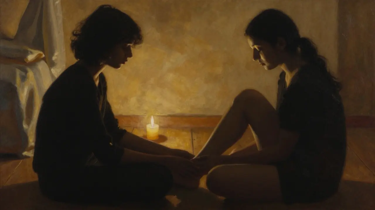 Dos siluetas en silencio, una sosteniendo el pie de la otra en un ambiente íntimo y cálido con luz de vela.