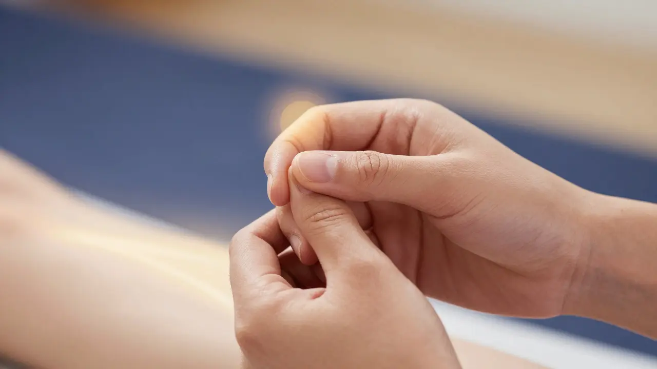Manos aplicando presión en el punto LI4 entre el pulgar y el índice, con un suave resplandor de energía.